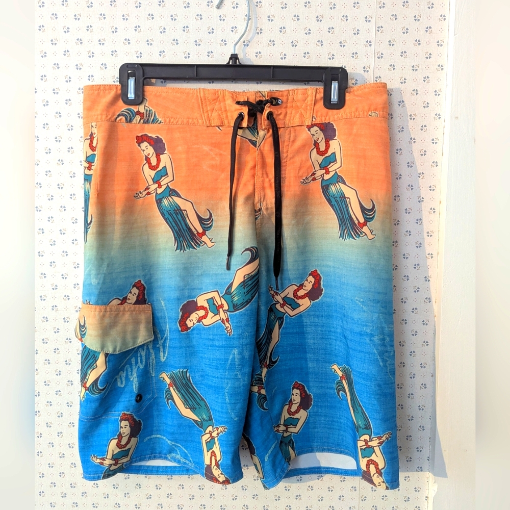 Hang Ten 30" Board Shorts Swim Trunks Hula Dancers Hawaii Surfing Boogie Board